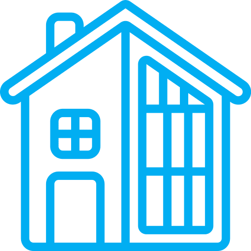 Blue house icon with large windows.