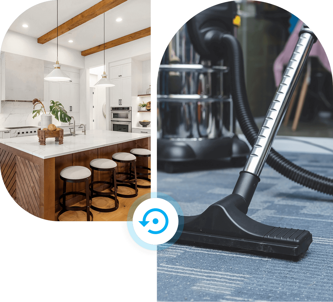 Kitchen and vacuum cleaner on carpet.