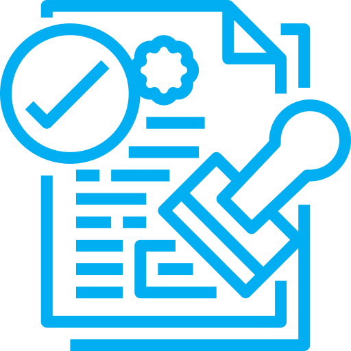 Document with stamp and checkmark icon.