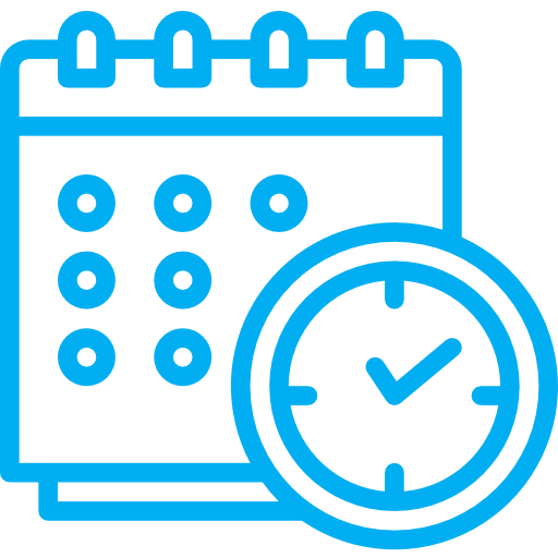 Calendar and clock icon in blue.