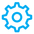 Blue gear icon on black background.