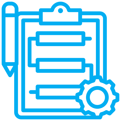 Clipboard with pencil and gear icon.