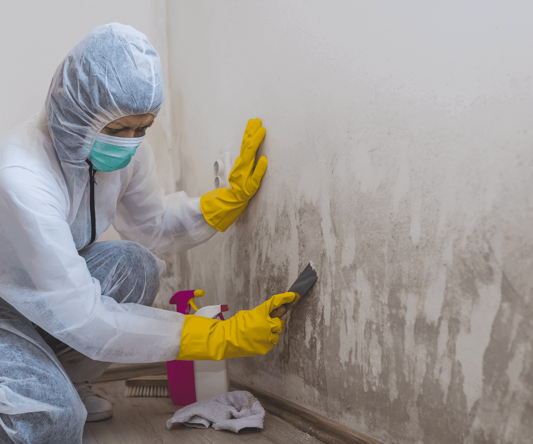 Person cleaning moldy wall with protective gear and yellow gloves.