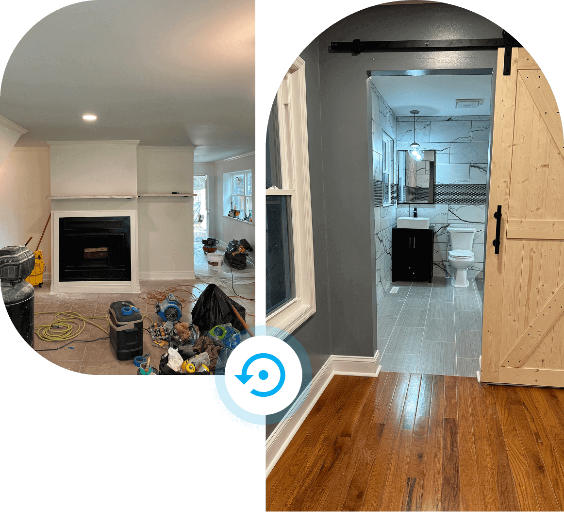 Before and after photos of a home renovation showing a transformed space.