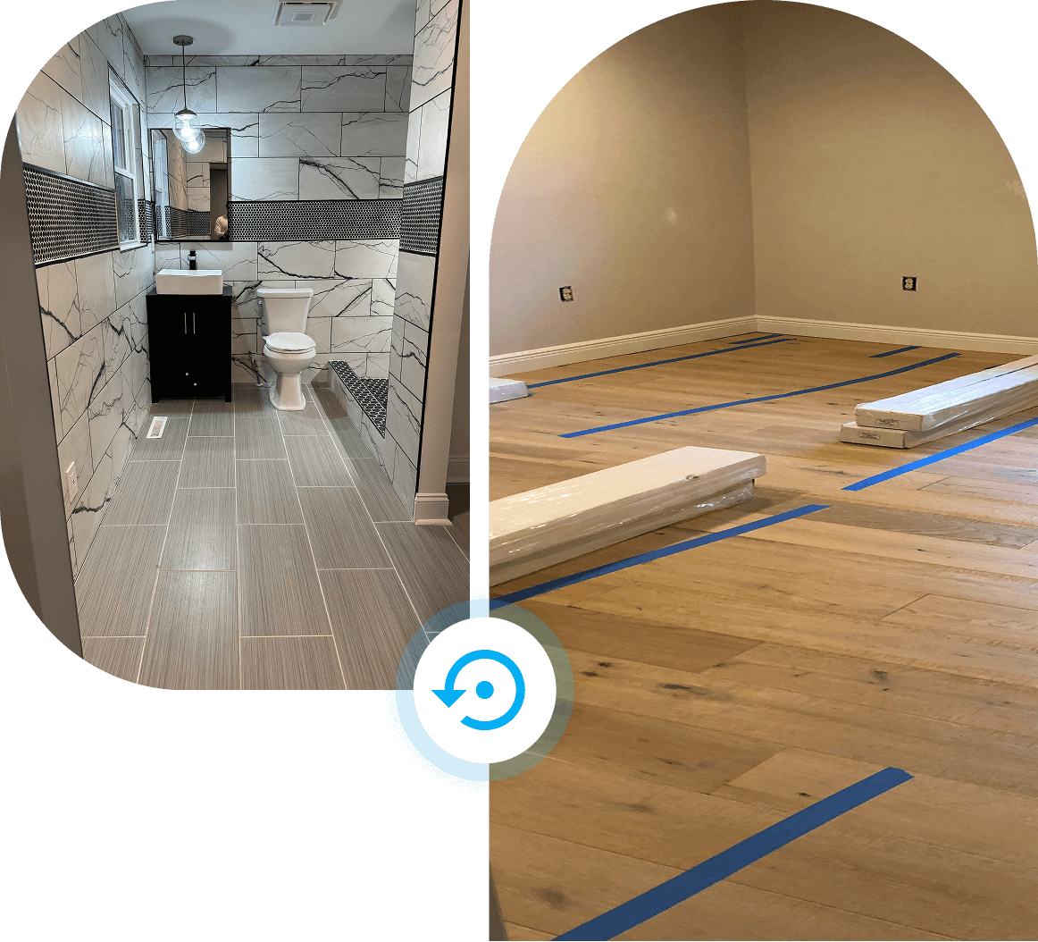 Before and after photos of a renovated bathroom and room with new flooring.