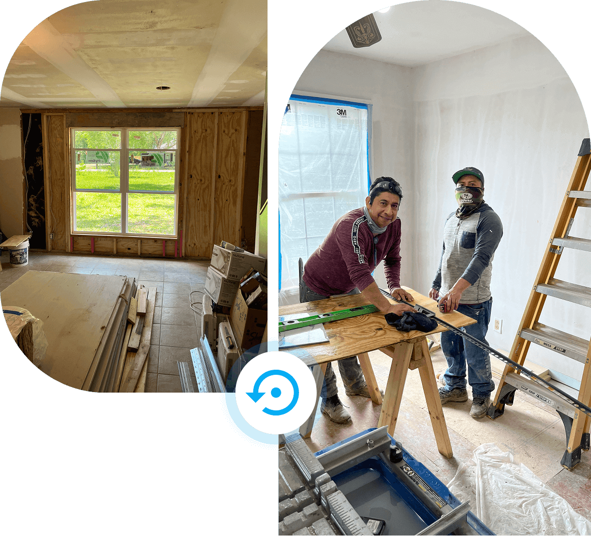Two images showing home renovation: a cozy attic room and workers installing drywall.