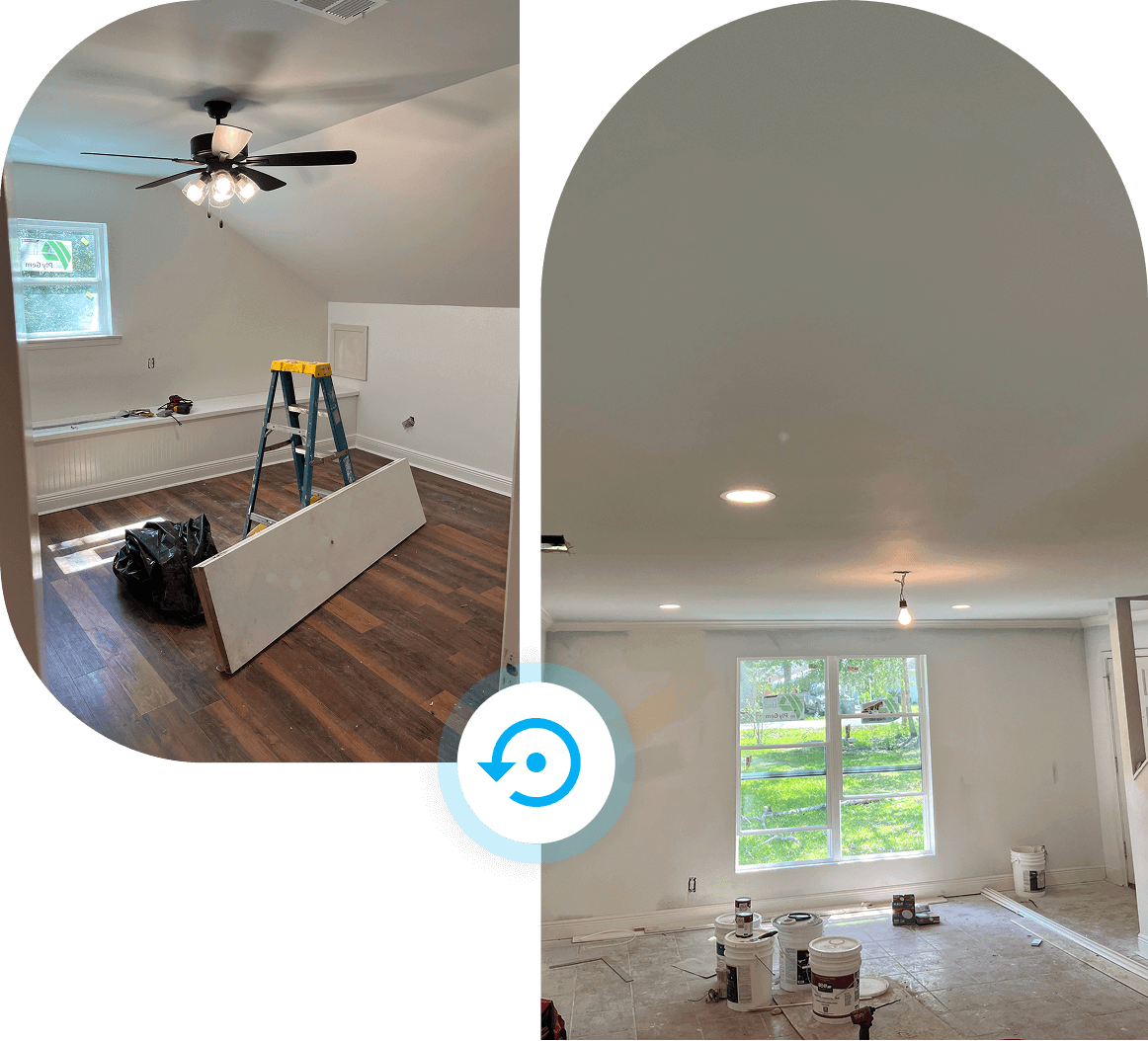 A room under renovation with painting supplies and ladder.